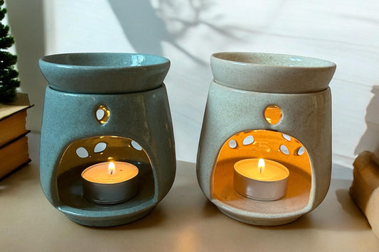 Duftlampe Keramik | Handgetöpfert | Unikat aus Nepal | Fairtrade | blau + beige | Naturprodukt | Stoneware | Handgemacht | Kerzenhalter