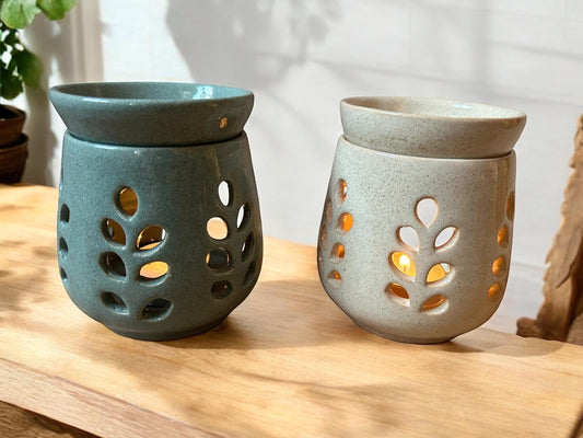 Duftlampe Keramik | Handgetöpfert | Unikat aus Nepal | Fairtrade | blau + beige | Naturprodukt | Stoneware | Handgemacht | Kerzenhalter