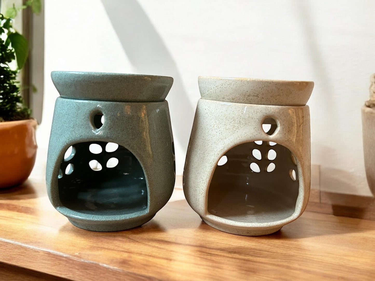 Duftlampe Keramik | Handgetöpfert | Unikat aus Nepal | Fairtrade | blau + beige | Naturprodukt | Stoneware | Handgemacht | Kerzenhalter