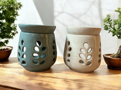 Duftlampe Keramik | Handgetöpfert | Unikat aus Nepal | Fairtrade | blau + beige | Naturprodukt | Stoneware | Handgemacht | Kerzenhalter