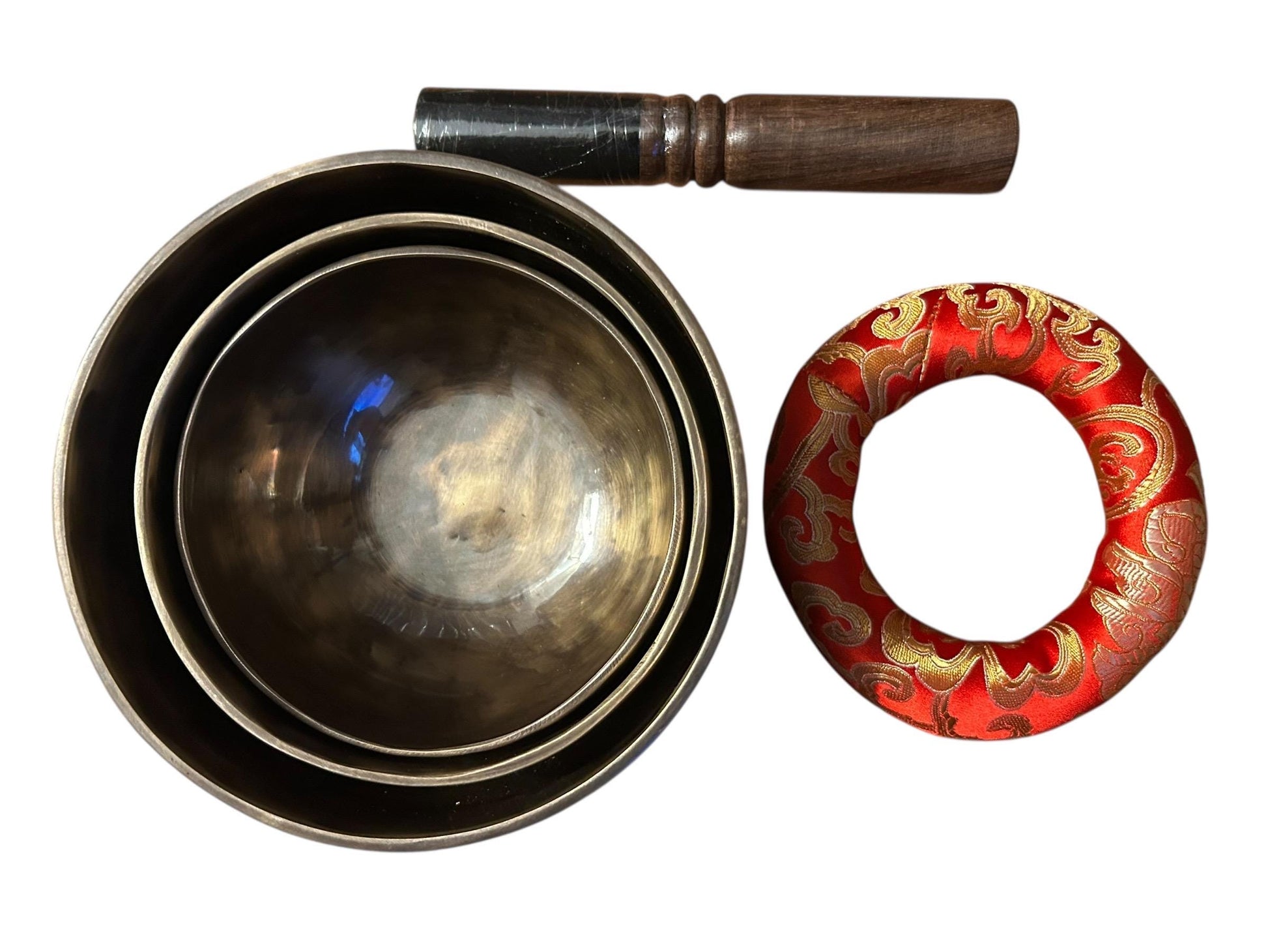 Handgefertigte Full Moon Klangschale aus Nepal „Om Mani Padme Hum“ Gravur | mit Holzklöppel & Kissen | Für Yoga, Meditation + Soundhealing