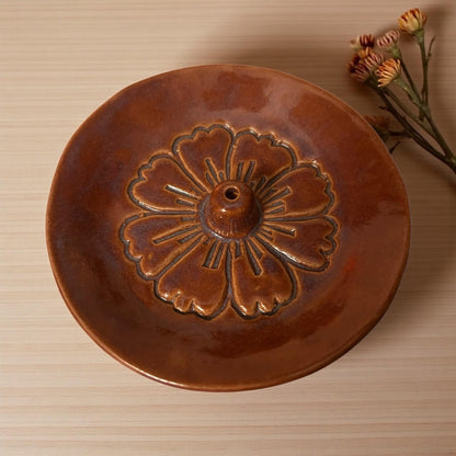 Räucherstäbchenhalter | Keramik Blume Glasiert | Handgetöpfert | Unikat Nepal | Fairtrade | Naturprodukt | Steingut Handgemacht