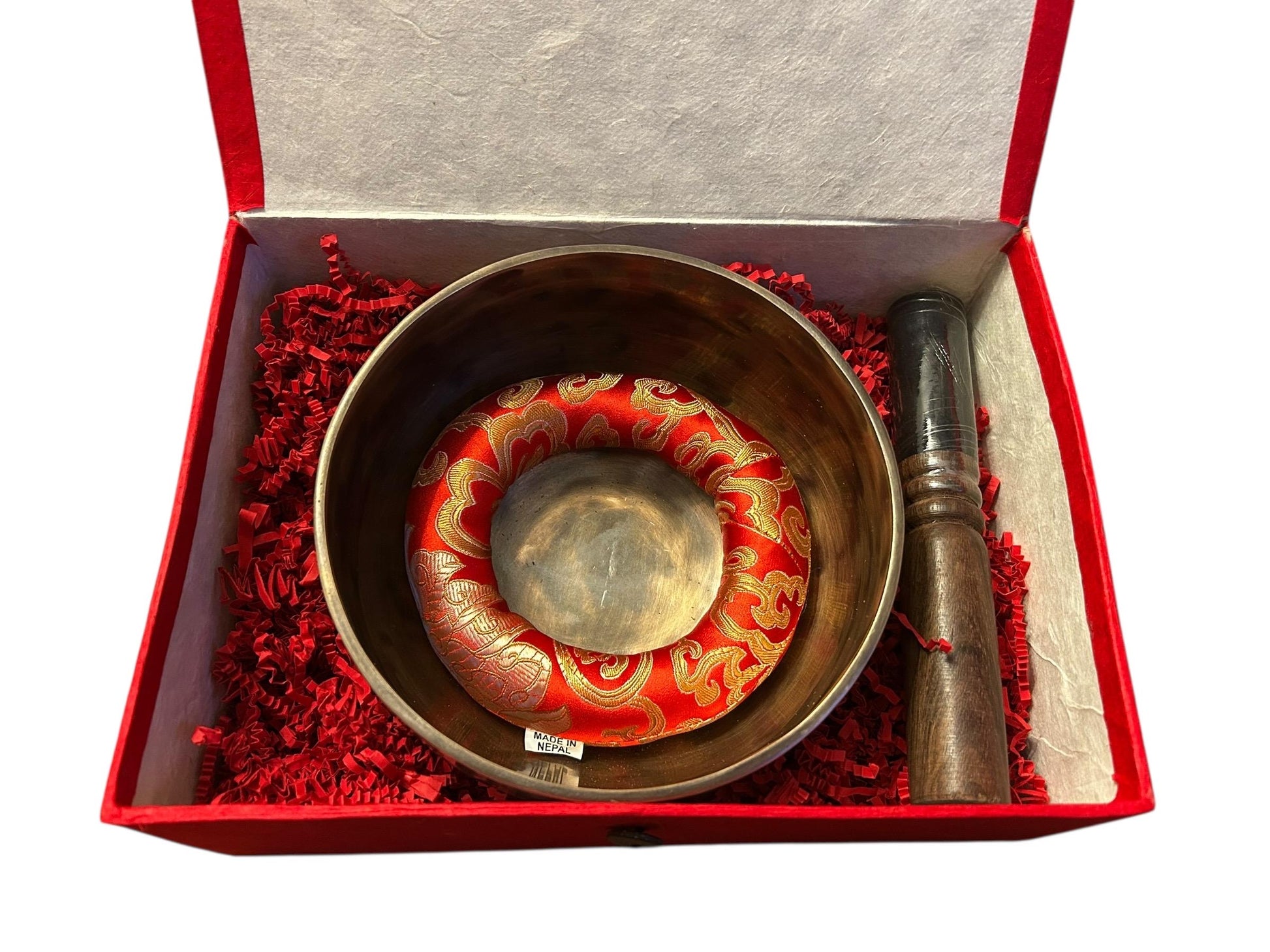 Handgefertigte Full Moon Klangschale aus Nepal „Om Mani Padme Hum“ Gravur | mit Holzklöppel & Kissen | Für Yoga, Meditation + Soundhealing