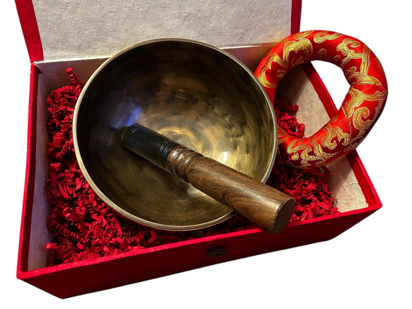 Handgefertigte Full Moon Klangschale aus Nepal „Om Mani Padme Hum“ Gravur | mit Holzklöppel & Kissen | Für Yoga, Meditation + Soundhealing
