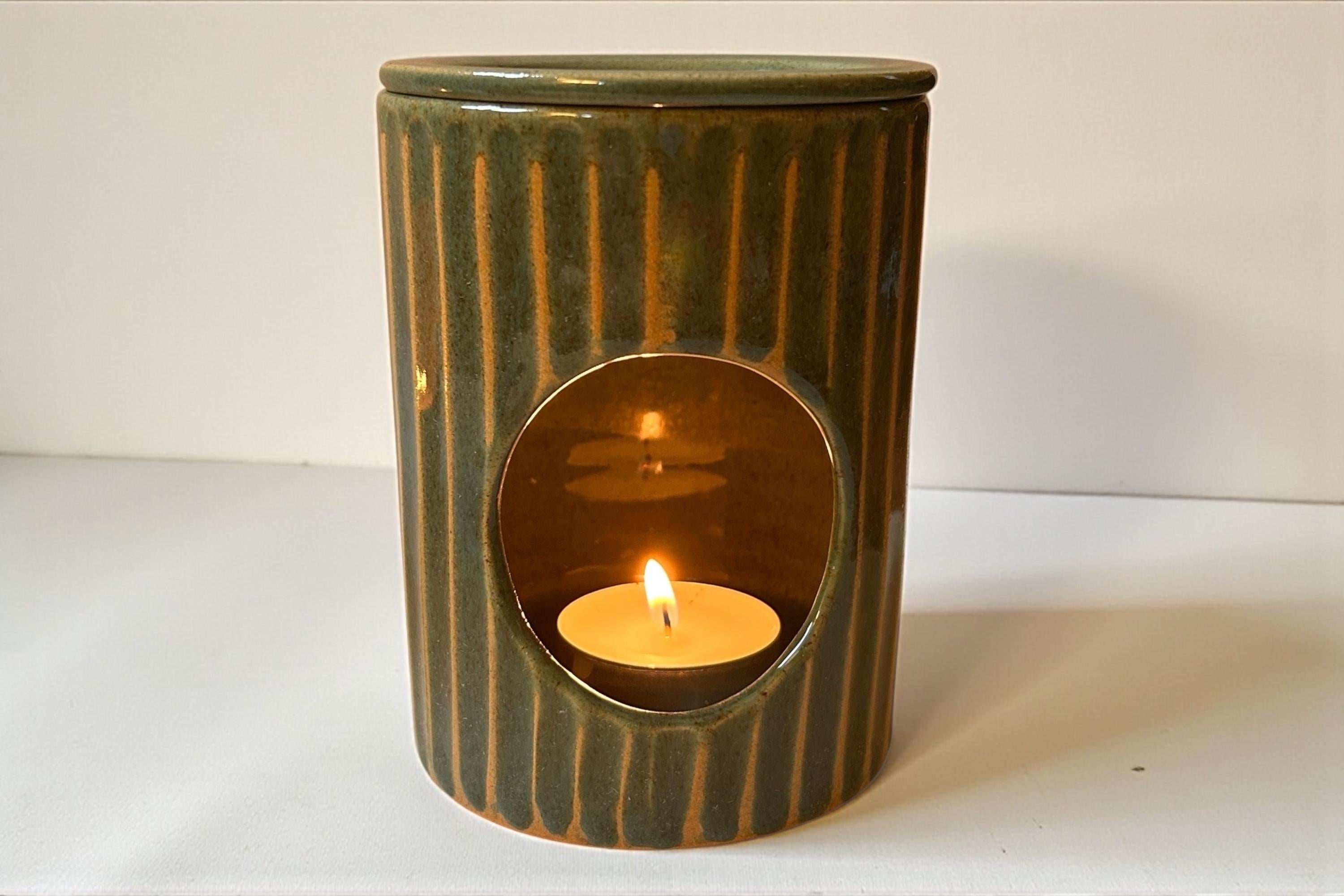 Duftlampe Keramik | Handgetöpfert | Unikat aus Nepal | Fairtrade | blau + beige | Naturprodukt | Stoneware | Handgemacht | Kerzenhalter
