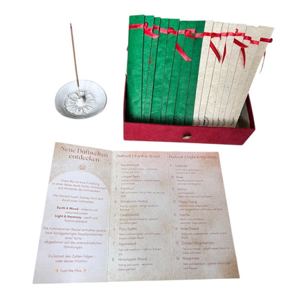 Sacred Scent Journey Räucherstäbchen Probierbox – 16 Duftsorten Set | 100 % natürlich + handgemacht | achtsames Meditation & Ritual Geschenk