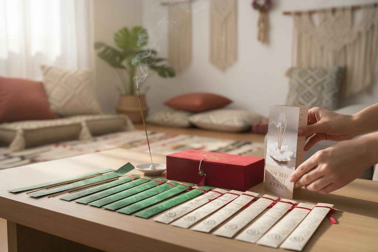 Sacred Scent Journey Räucherstäbchen Probierbox – 16 Duftsorten Set | 100 % natürlich + handgemacht | achtsames Meditation & Ritual Geschenk