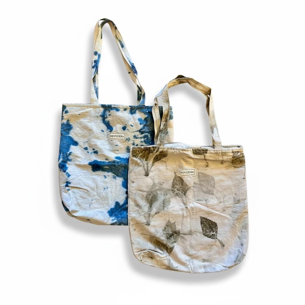 Naturgefärbter Baumwollbeutel | Pflanzenprint & Indigo Dye | Fair gefertigt in Nepal | Nachhaltige Eco Tote Bag | Fair Trade Tasche