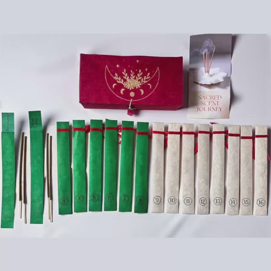 Sacred Scent Journey Räucherstäbchen Probierbox – 16 Duftsorten Set | 100 % natürlich + handgemacht | achtsames Meditation & Ritual Geschenk